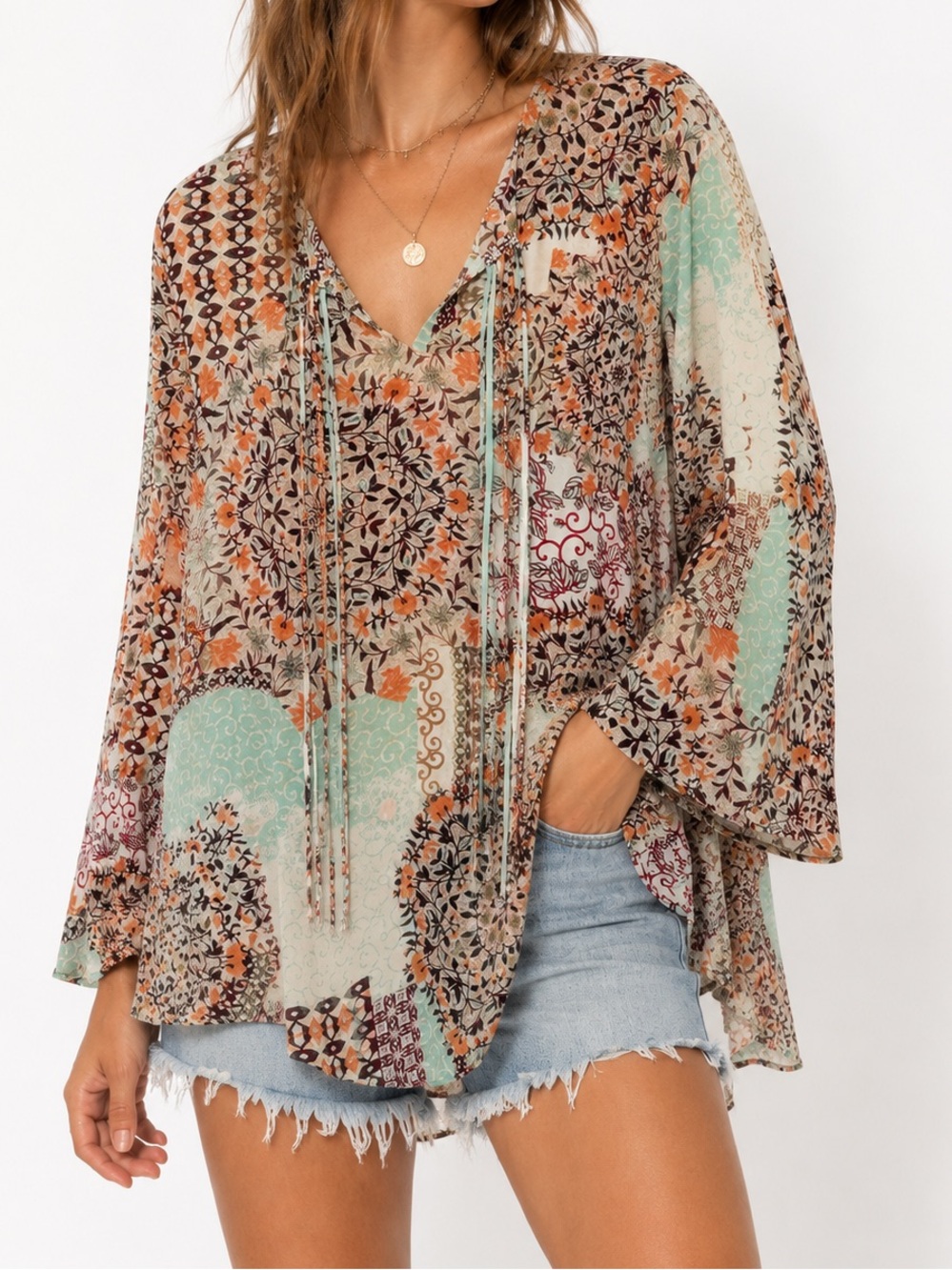 One World Live and Let Live Patchwork Boho Tassel Tunic Blouse Medium